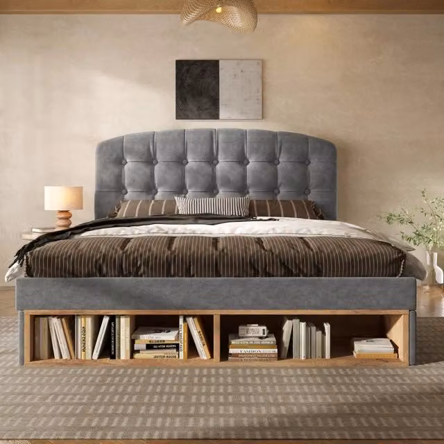 Letto singolo 90 × 200 cm con cassetti e vani aperti, testiera regolabile, senza materasso, velluto grigio