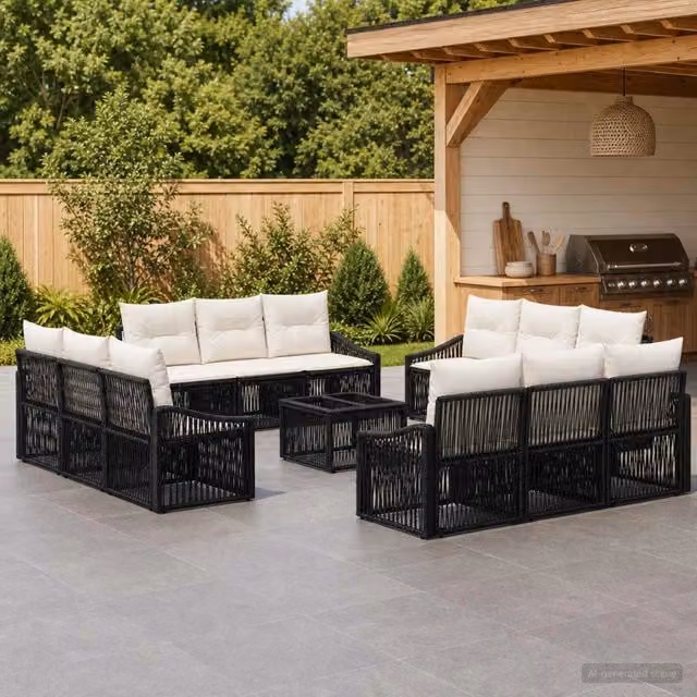 Set Divano da Giardino a Forma a U vidaXL in Polyrattan Nero con Cuscini e Tavolino