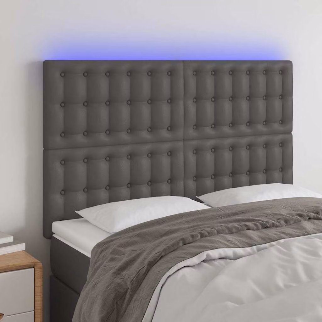 Testiera per letto vidaXL in similpelle grigia con illuminazione LED e porta di ricarica USB, L: 144 cm, P: 5 cm, H: 118/128 cm