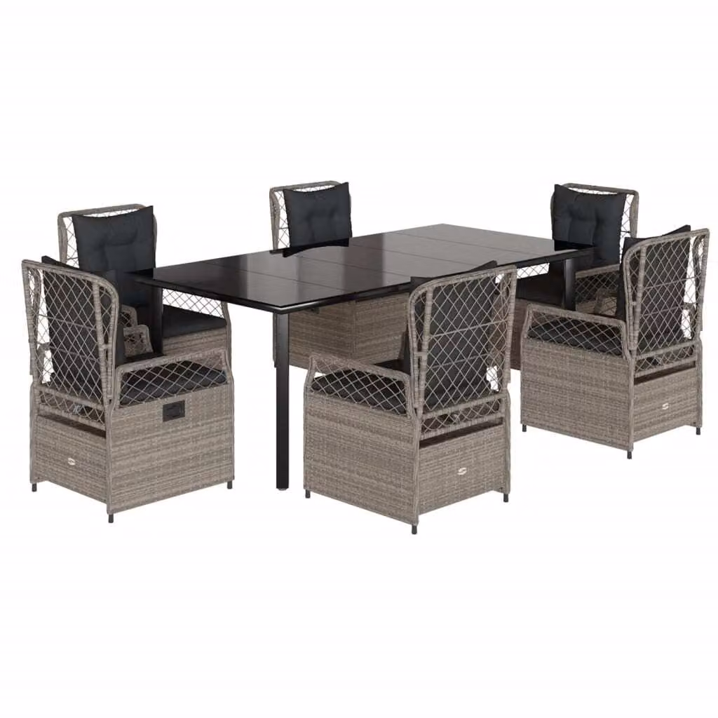 Set da Pranzo da Giardino 7 pz Cuscini Polyrattan Grigio Chiaro