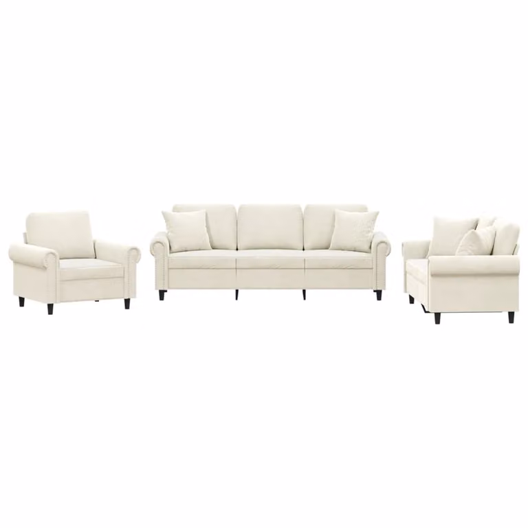 Set di Divani 3 pz con Cuscini Crema in Velluto