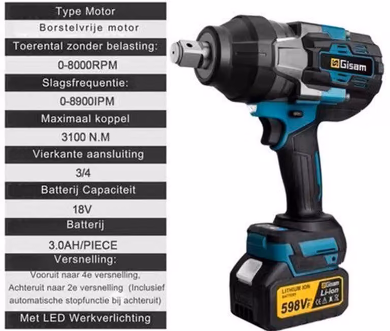 Chiave a percussione - Chiave a percussione elettrica - Coppia elevata di 3100 Nm, motore brushless - Senza batteria