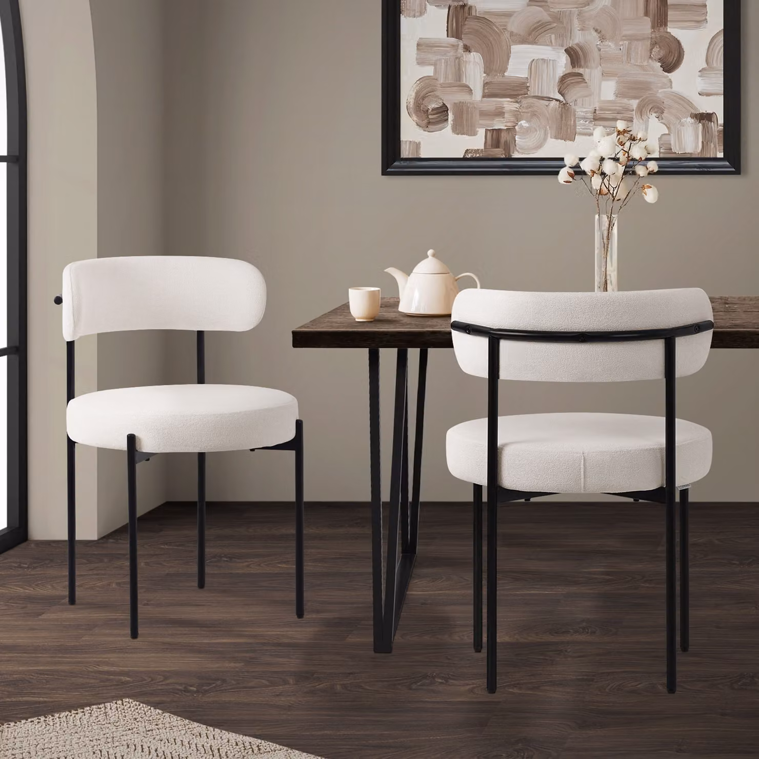 ML-Design set di 2 sedie per sala da pranzo, sedia da cucina, in tessuto teddy bianco, sedia da soggiorno con schienale, sedie imbottite con gambe in metallo, sedia lounge