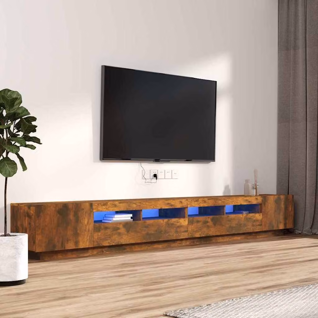 Set di mobili TV moderno vidaXL in 3 pezzi con luci LED integrate, colore rovere fumo, in legno e MDF per il tuo soggiorno – 1