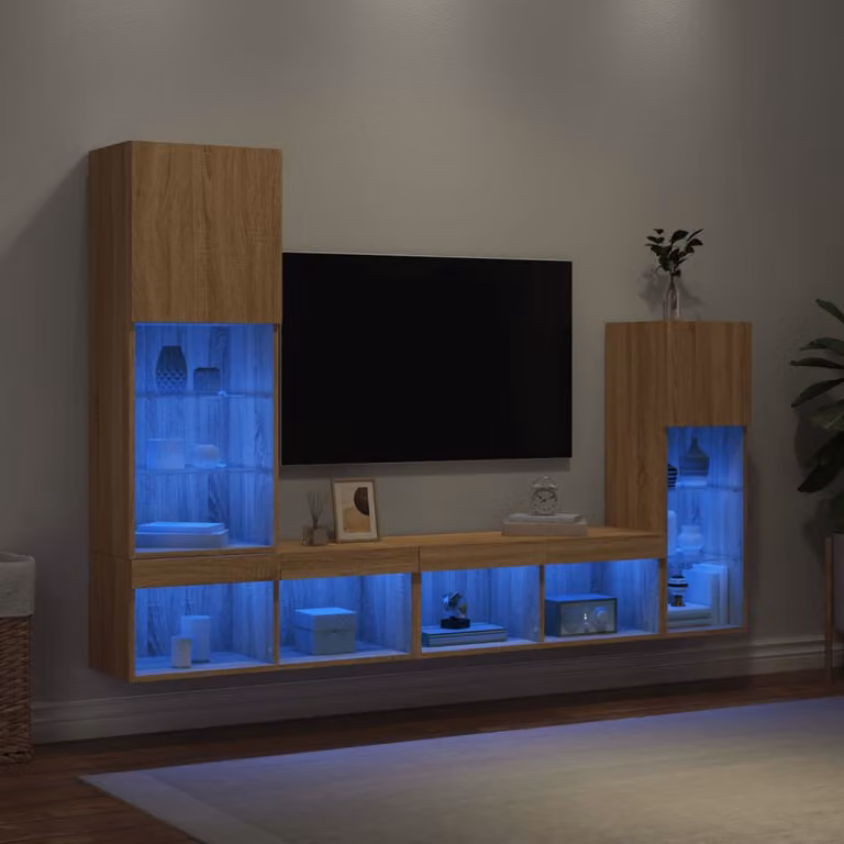 Mobile TV da parete vidaXL con illuminazione LED integrata in legno Rovere Sonoma e MDF, moderno, marrone e beige