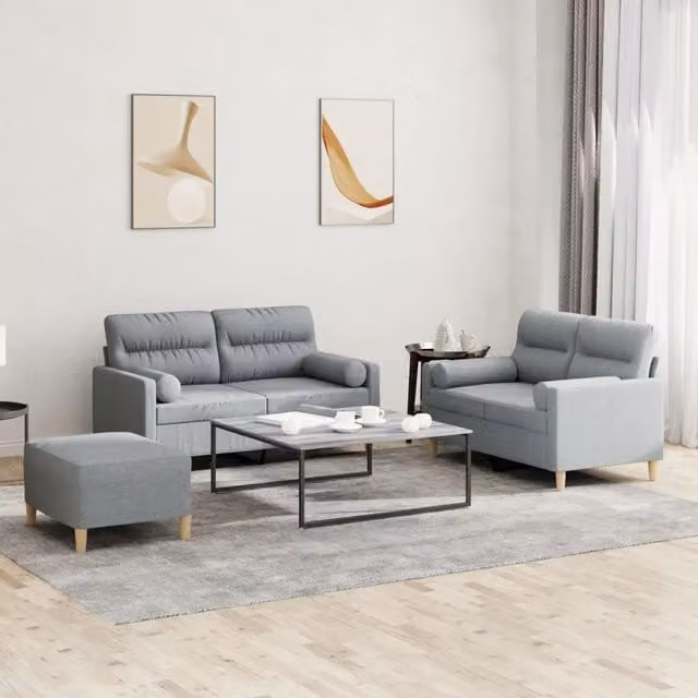 Set di divani 3 pezzi vidaXL in tessuto grigio con cuscini per soggiorno in stile moderno – 1