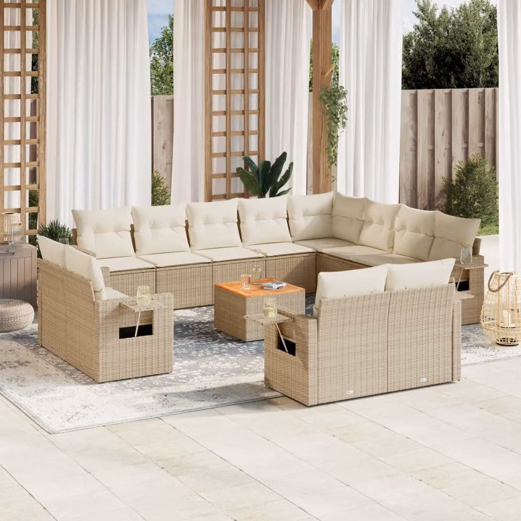vidaXL Set Divano da Giardino a L da 13 Pezzi in Polyrattan con Cuscini Beige e Tavolino da Esterno – 1