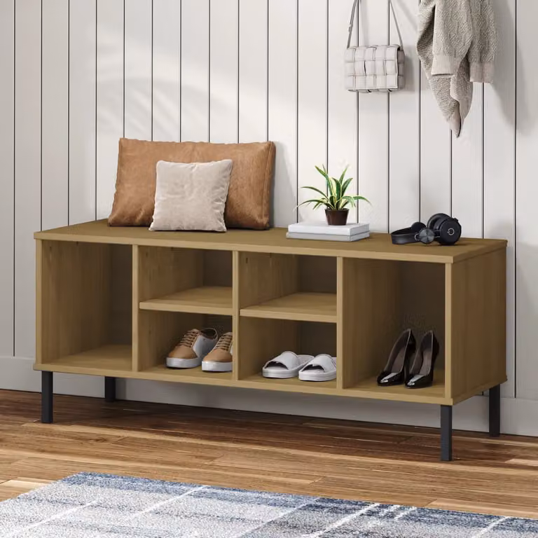 Scarpiera OSLO vidaXL in legno massello di pino e metallo, colore marrone, L: 106 cm, P: 35 cm, H: 45 cm