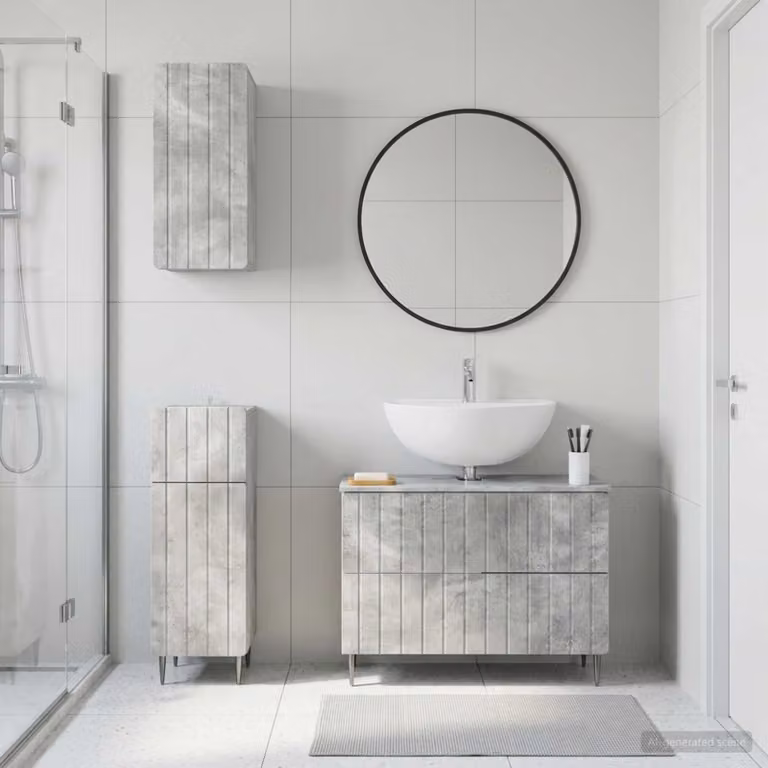 Set di armadietti da bagno vidaXL ZWOLLE in 3 pezzi, design minimalista, colore grigio cemento, con vanità e pensili a parete