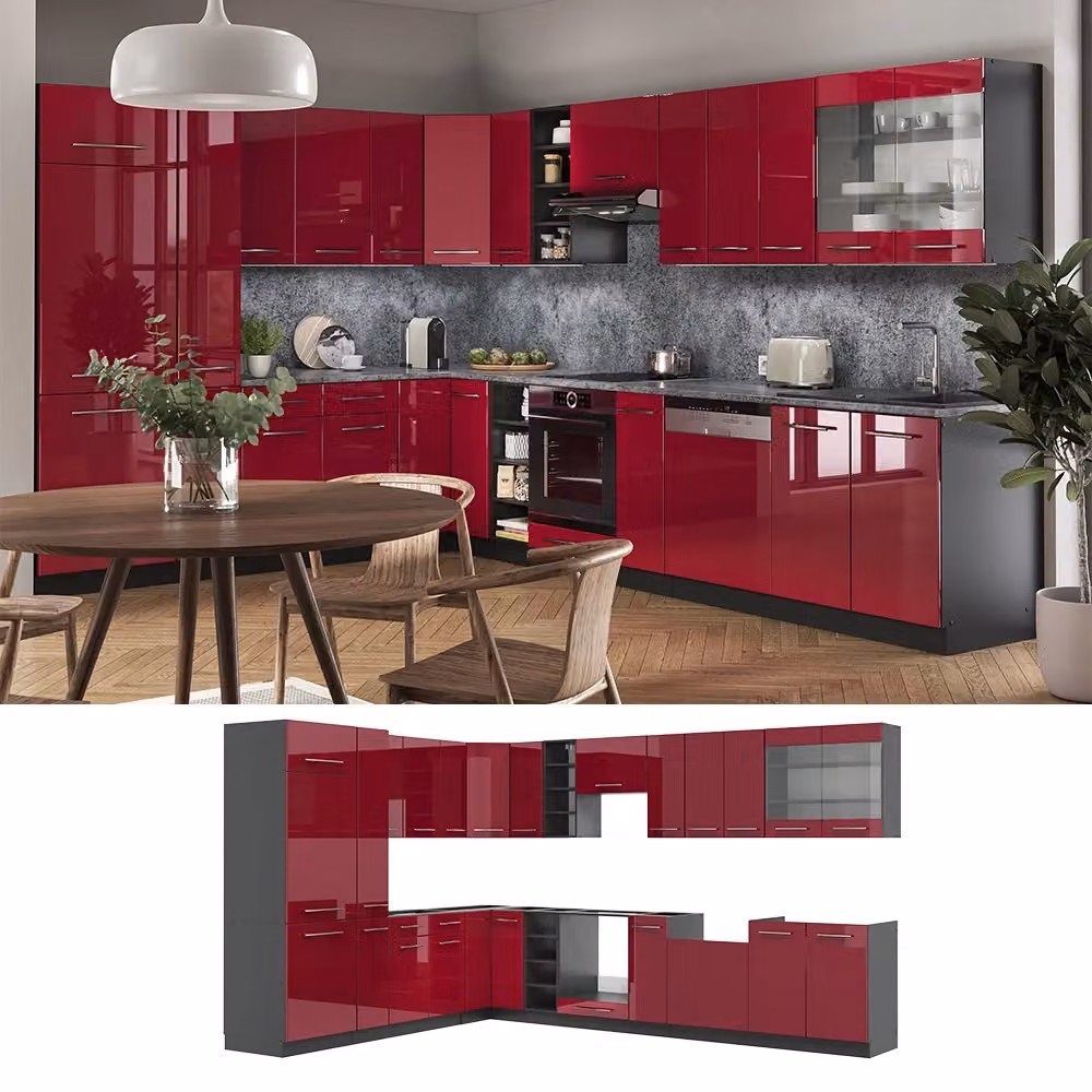 Cucina angolare moderna Vicco Fame-Line Bordeaux lucido e Antracite L/P/H: 347 x 257 x 60 cm – 2