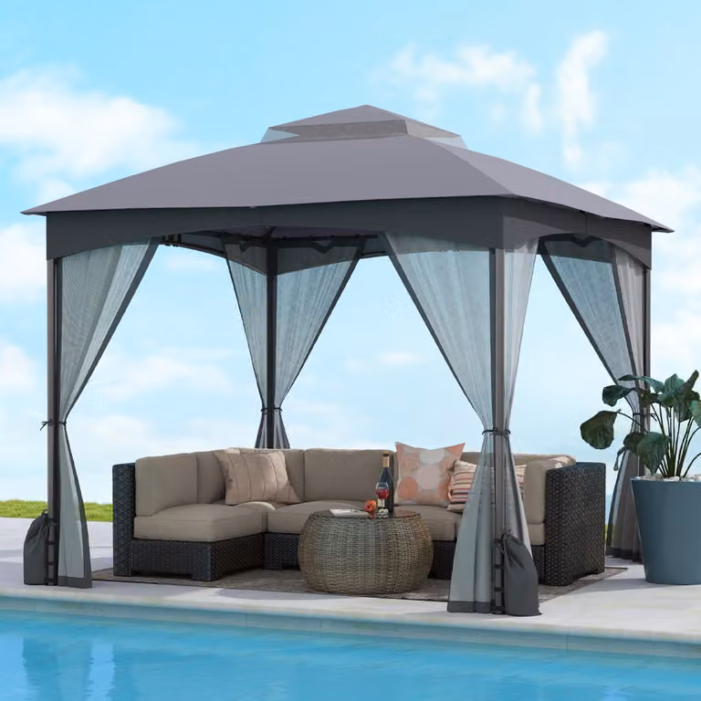 Gazebo da patio Costway Grigio con tetto morbido a doppio strato, pareti in rete e 4 sacchi di sabbia, L/P: 300 x 300 cm
