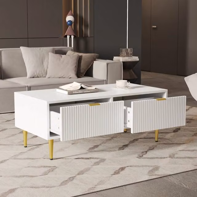Tavolino da salotto moderno bianco con accenti dorati, design a strisce verticali, 2 cassetti, 100x50x40 cm