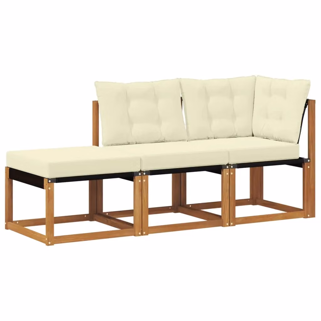 Divano da giardino modulare a L con pouf DESIGN IN, struttura in legno di acacia e cuscini in tessuto beige e bianco – 2