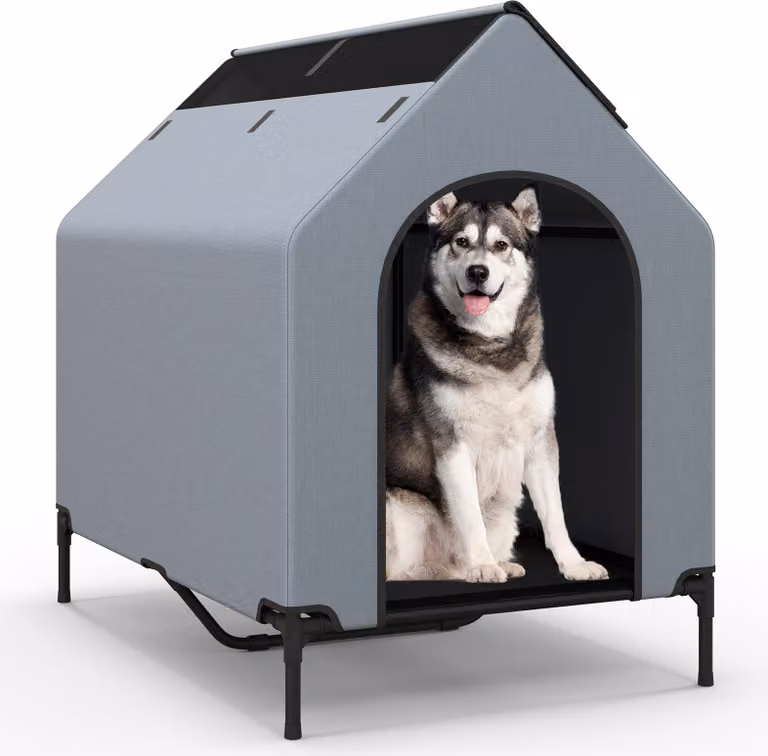 COSTWAY Cuccia per cani 2in1 e cuccia rialzata, casetta per animali con rete traspirante e copertura rimovibile, per cani di taglia media 75x110x106cm