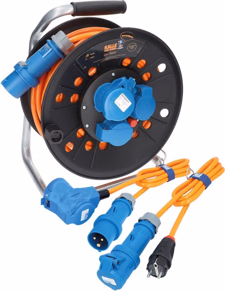 KALLE DAS KABEL Avvolgicavo CEE da campeggio H07BQ-F 3G 2,5 mm² 25 metri 230V 16A classe di protezione IP44 + cavo di collegamento 1,5 metri + cavo con giunto angolare 1,5 metri avvolgicavo EXTREME SIGNAL ORANGE avvolgicavo da campeggio cavo camper cavo c