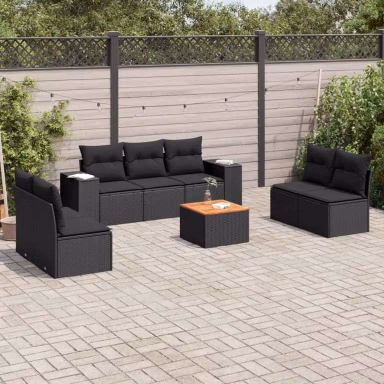 vidaXL Set Divani da Giardino a Forma di U con 8 Pezzi, Colore Nero, in Polyrattan con Cuscini e Tavolino da Caffè