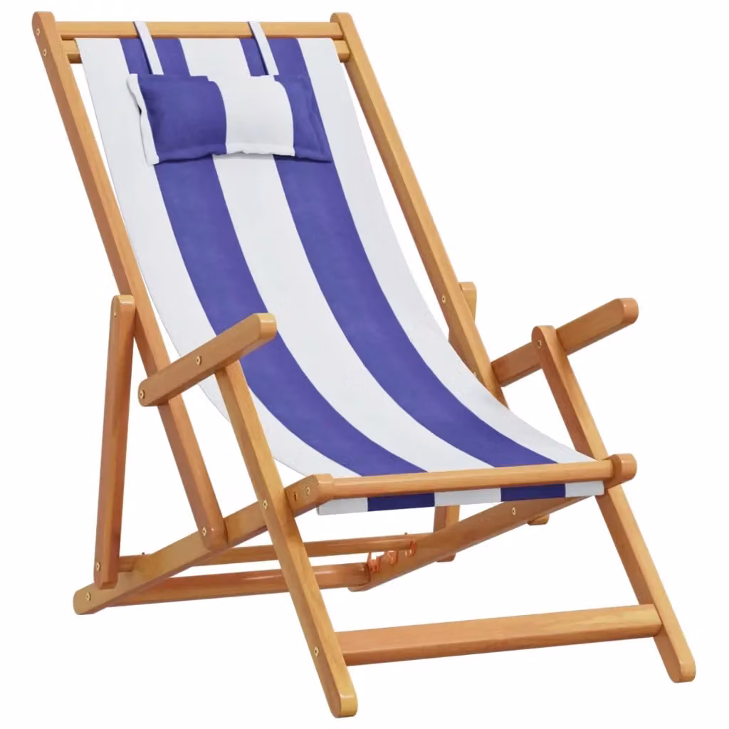 Set di 2 sedie pieghevoli vidaXL in legno massello oliato con tessuto a righe blu e bianco per giardino e balcone – 2