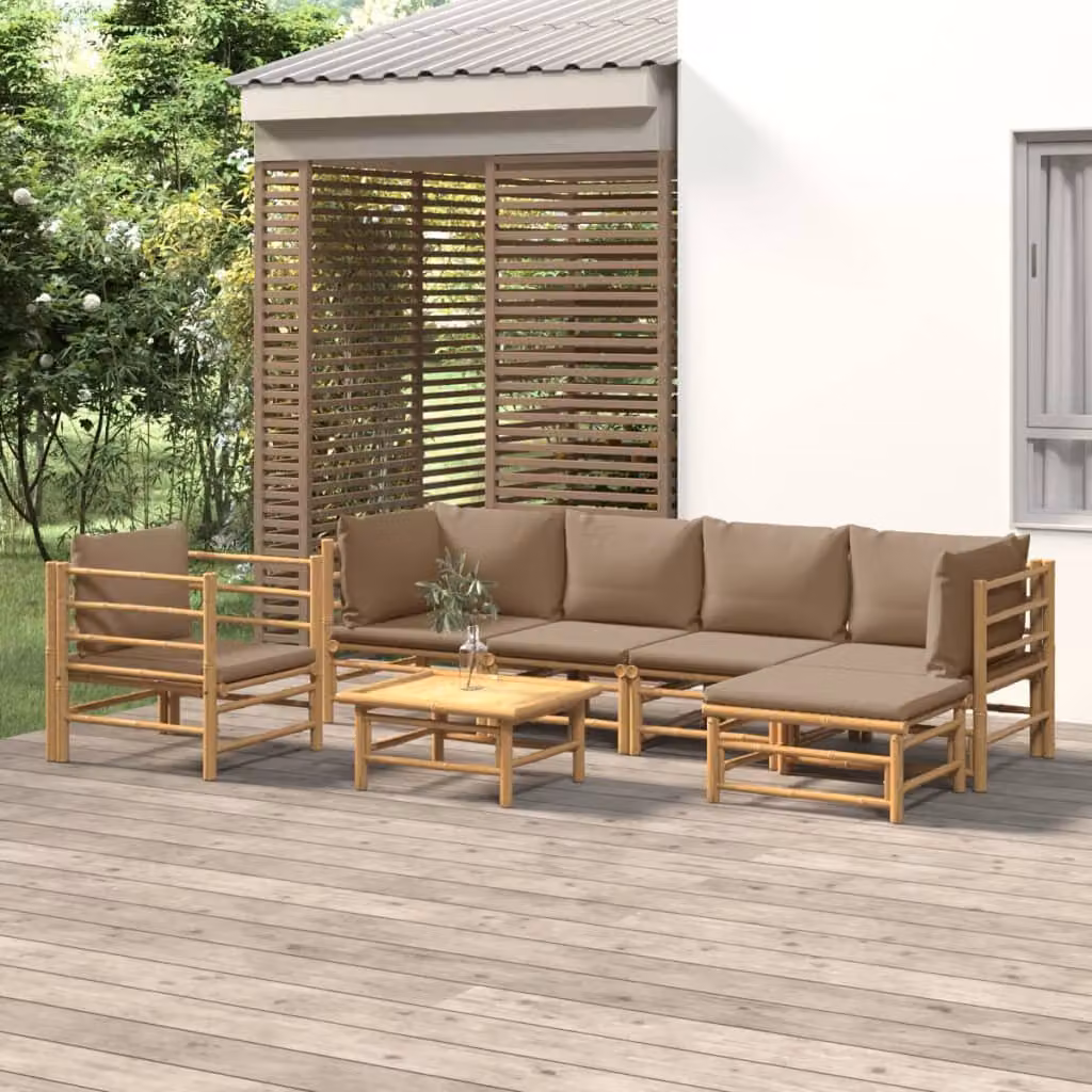 Set Salotto da Giardino vidaXL 7pz in Bambù con Cuscini Tortora e Marrone