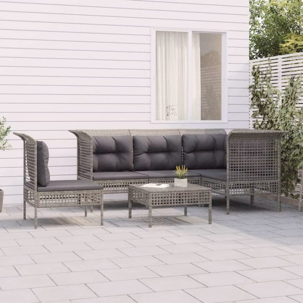 Set Divani da Giardino vidaXL 6 pz in Polyrattan Grigio con Cuscini e Ottoman, Design Moderno a L con Struttura in Acciaio Verniciato a Polvere