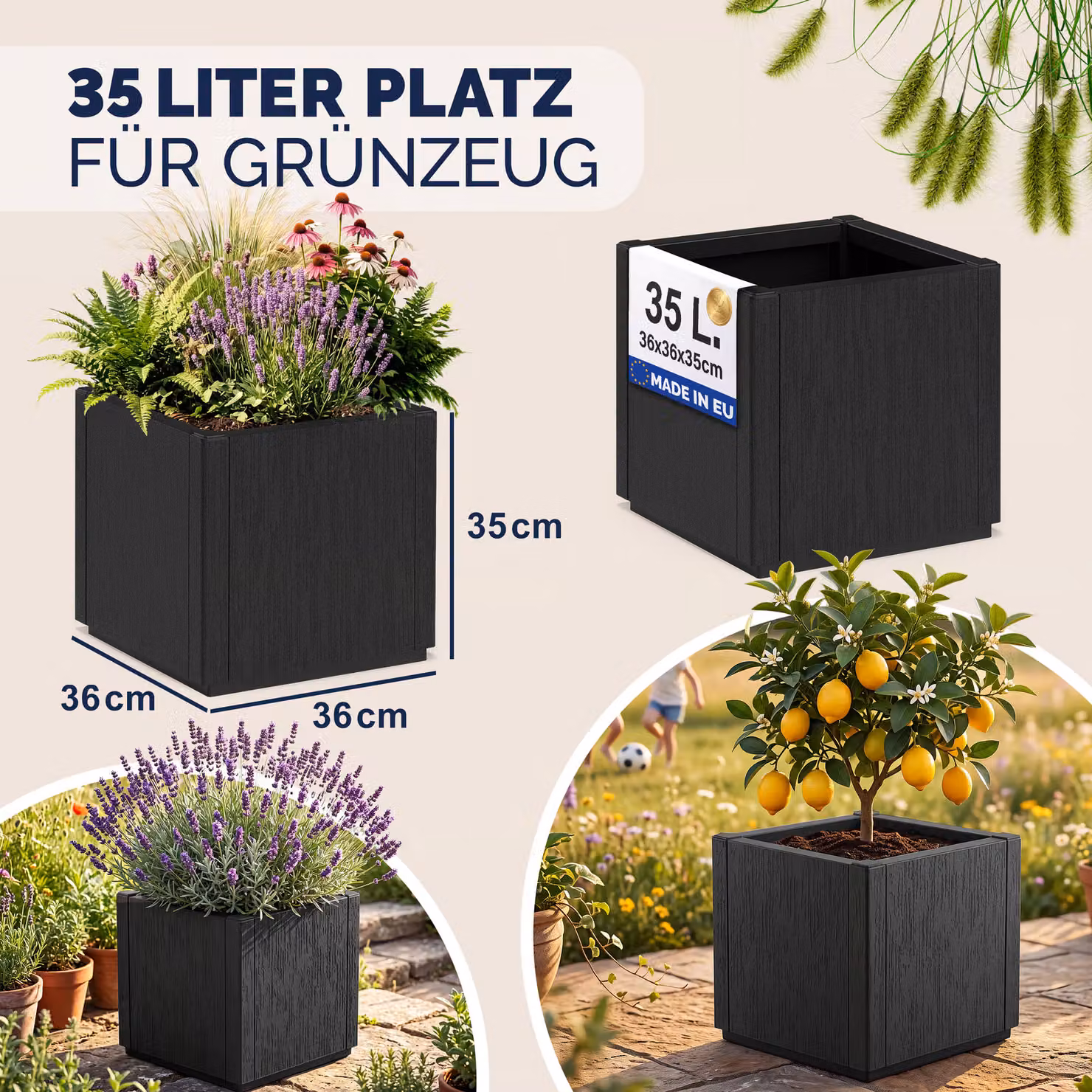 Vaso per fiori Ethica Casaria in plastica colore antracite L/P/H: 36 x 36 x 35 cm – 2