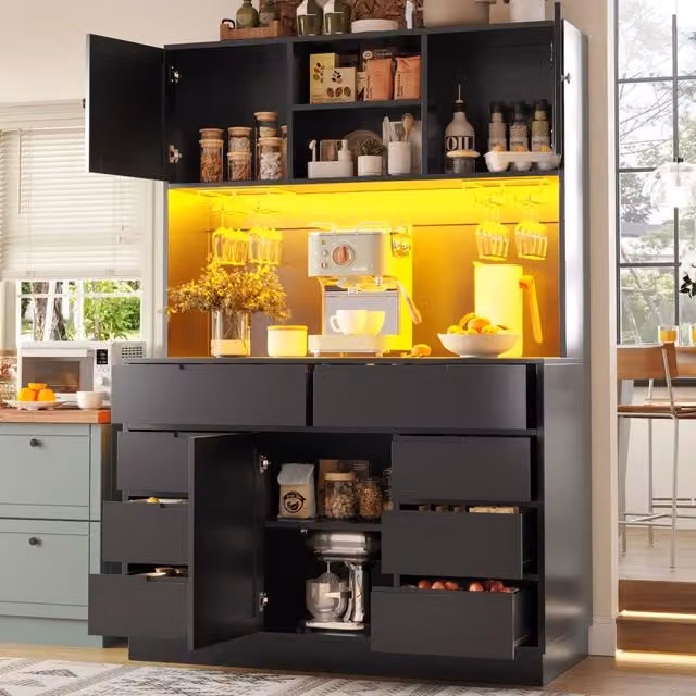 Colonna da cucina con LED regolabile 8 cassetti ripiani regolabili chiusura magnetica in MDF nero 120 × 40 × 183,5 cm