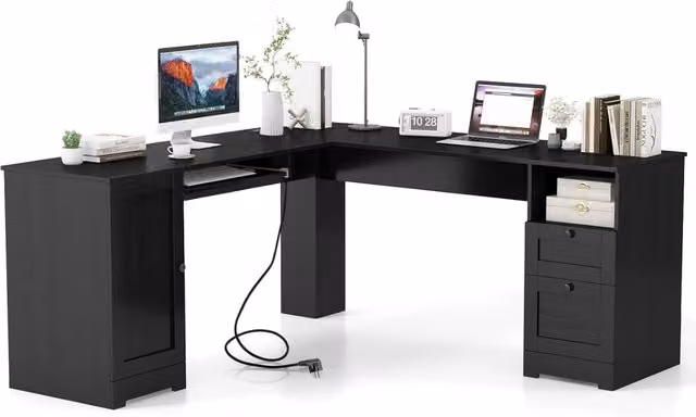 Scrivania Angolare con Prese di Corrente, Scrivania ad Angolo Moderna con 2 Cassetti, Armadio, Mensola Regolabile e Vassoio per Tastiera, Ideale per Gaming, Lavoro e Scrittura (Nero)