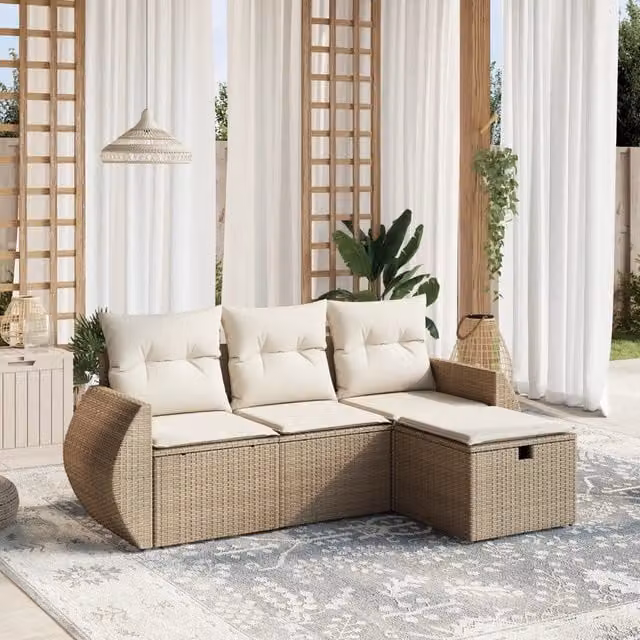 Set Divano da Giardino a L vidaXL 4 pz con Cuscini Beige e Struttura in Metallo e Rattan