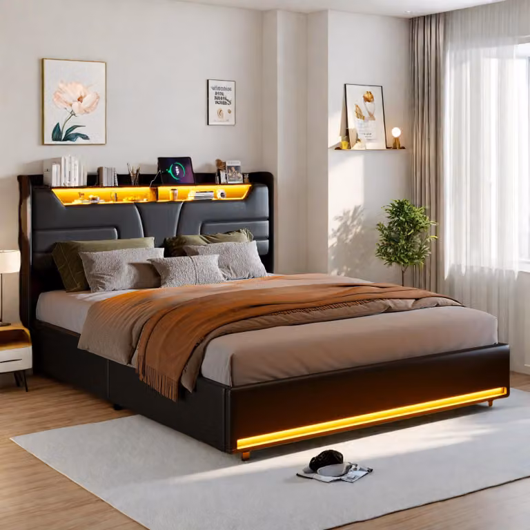Letto matrimoniale 140x200cm in pelle neraPoliuretanocon contenitore idraulico, testata a LED con porte di ricarica e striscia luminosa ai piedi del letto