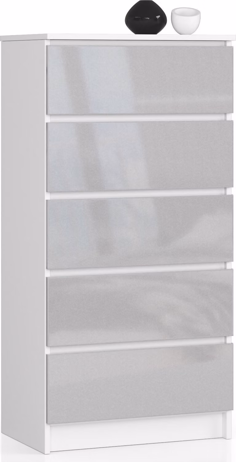 Akord Cassettiera 5 Cassetti Bianco Lucido/Metallico 60X40X121 Cm