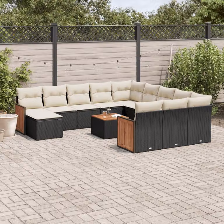Set di divani da giardino vidaXL 13 pezzi in polyrattan nero con cuscini e tavolino da esterno