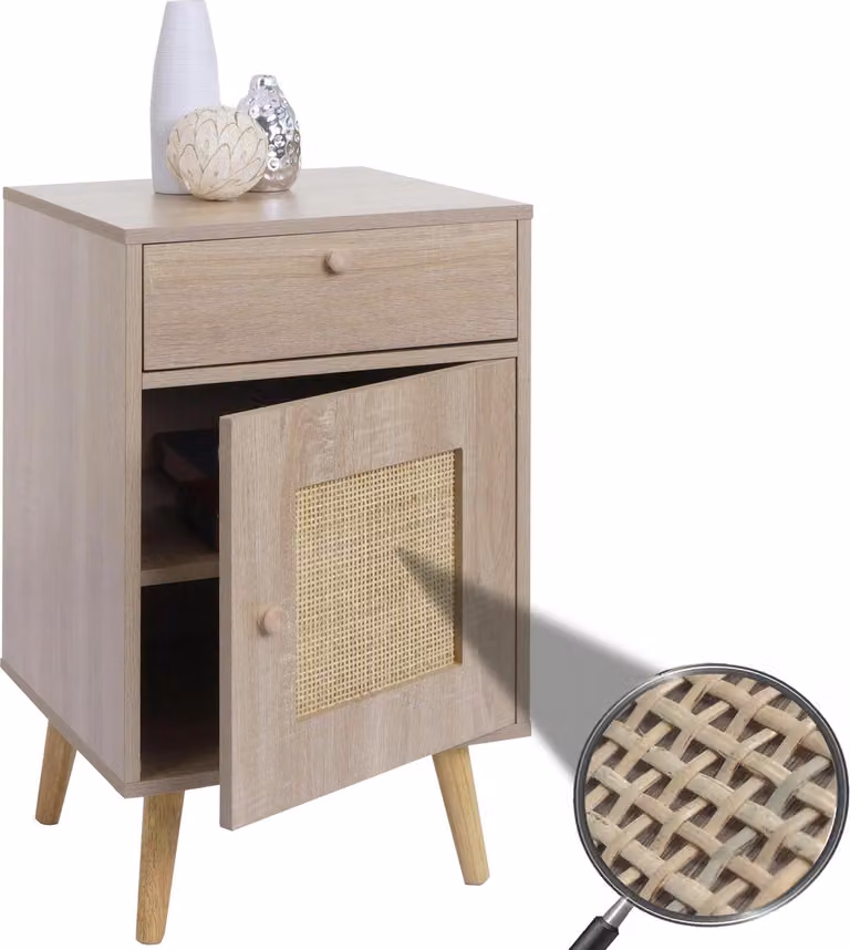 Tavolino HWC-M36, tavolino da caffè, tavolino da salotto, cassetto portaoggetti, legno di rattan Kubu in melamina, aspetto rovere