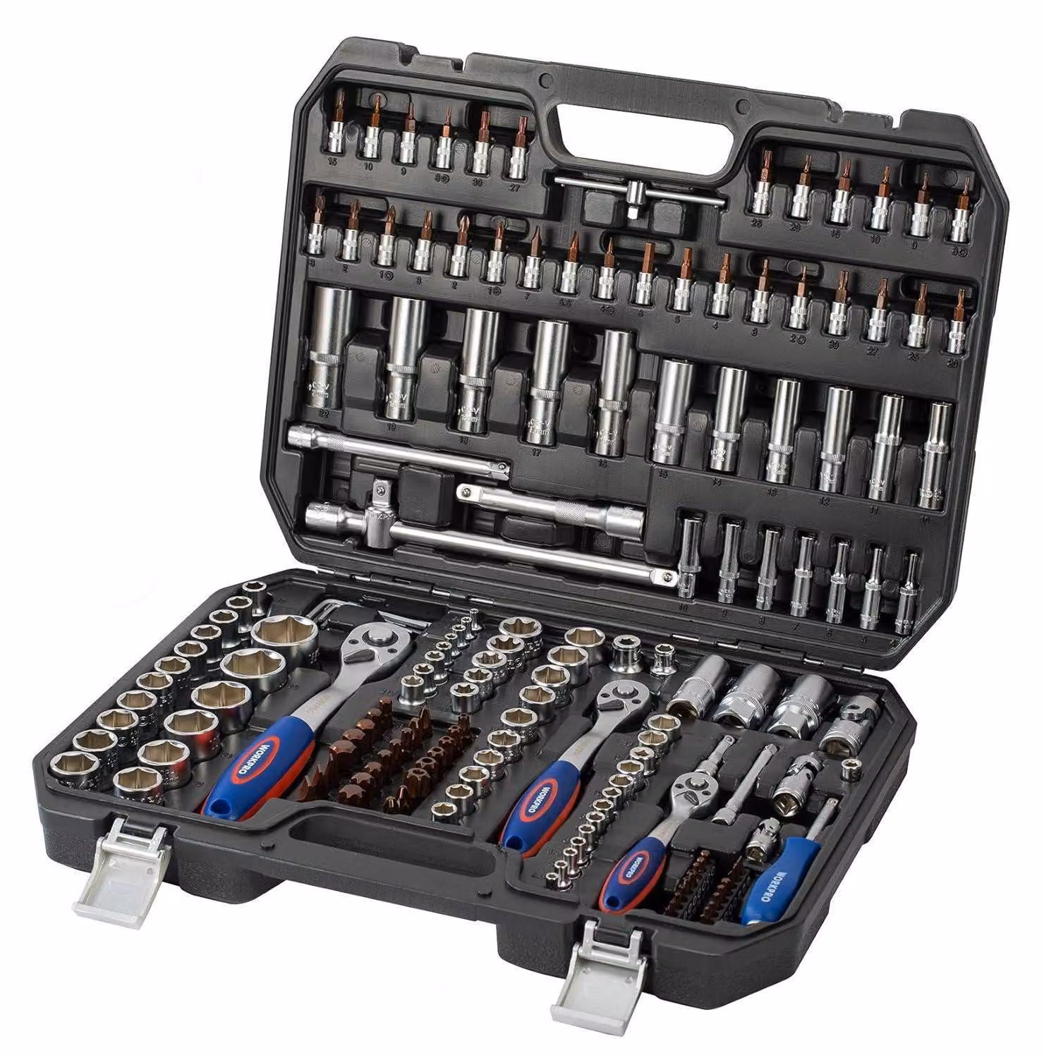 Set di chiavi a bussola da 172 pezzi con set di inserti e chiave a cricchetto (metrica), in acciaio Cr-V, con attacchi da 1/4", 3/8" e 1/2", inclusa custodia
