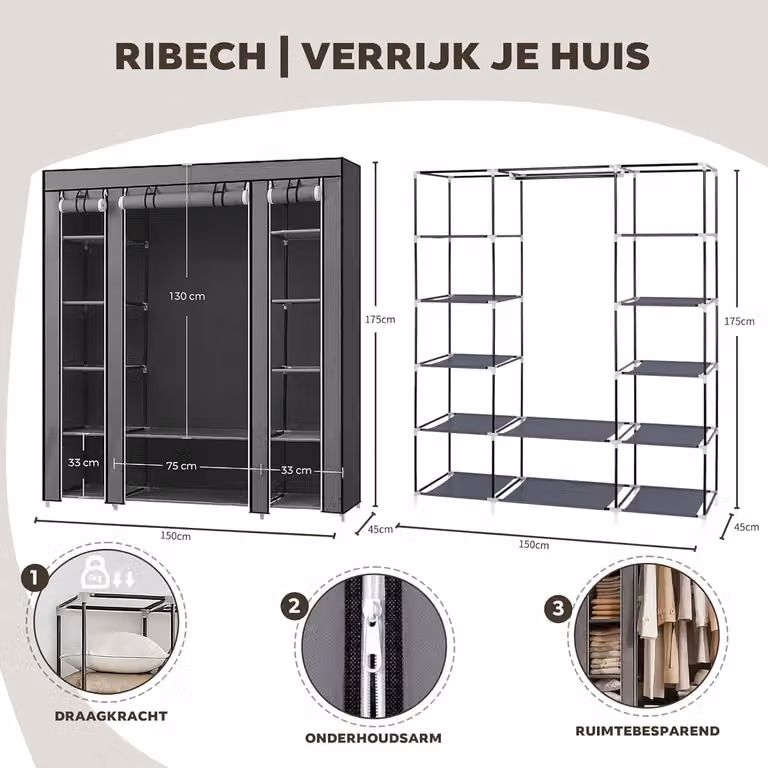 Armadio a colonna, 45 x 150 x 175 cm, grigio, in metallo, per camera da letto