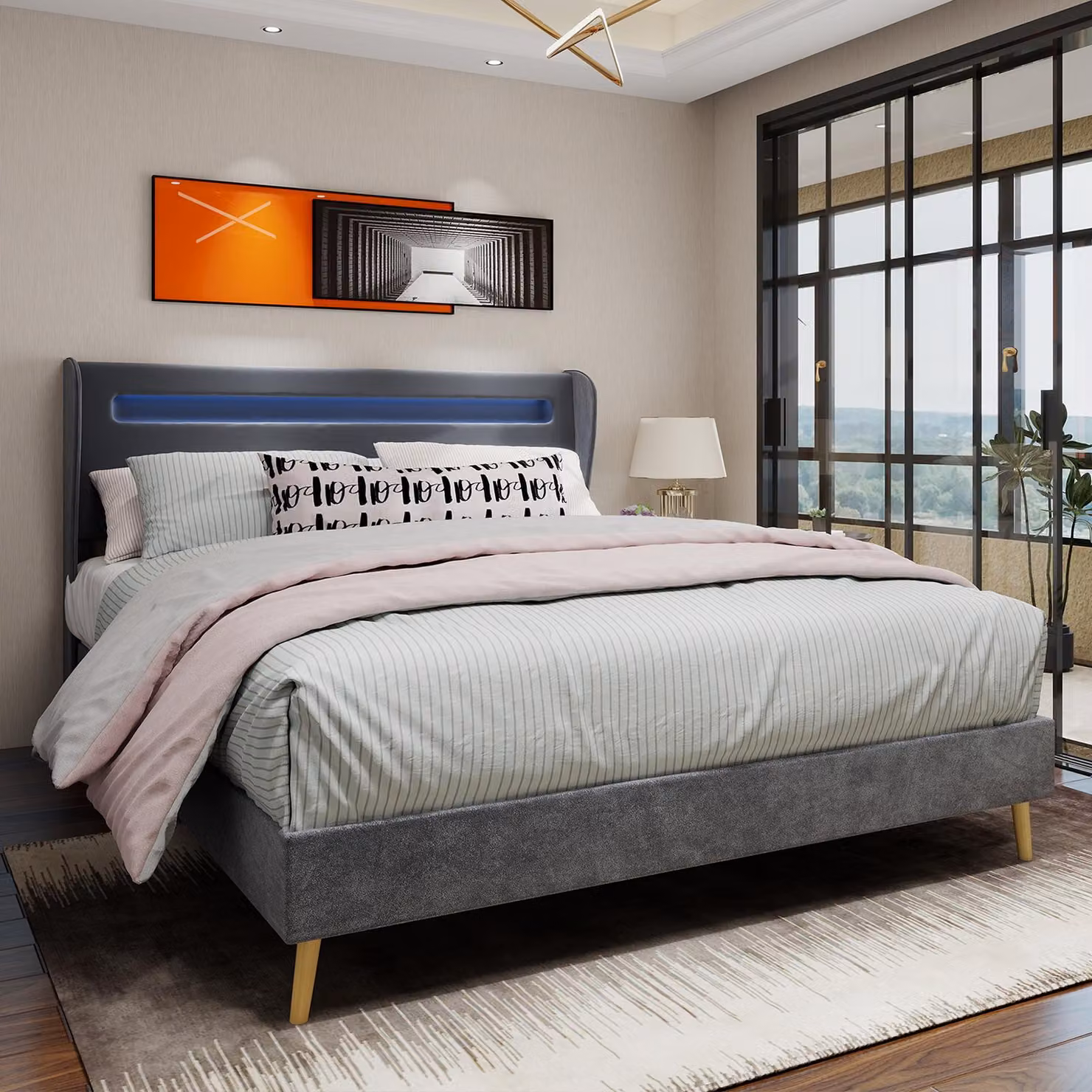 Letto imbottito moderno e minimalista Sweiko con testata integrata a LED, 140x200 cm, grigio, mobile multifunzionale per la camera da letto, base bassa e senza supporto (senza alzata a gas), materasso non incluso.