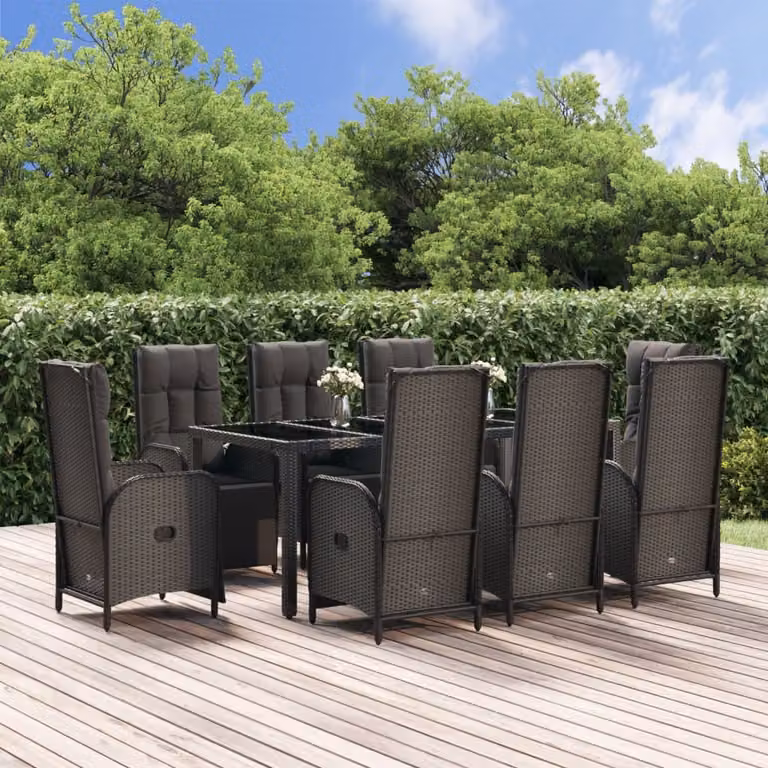 The Living Store Set da pranzo da giardino 9 pezzi con cuscini in polirattan nero