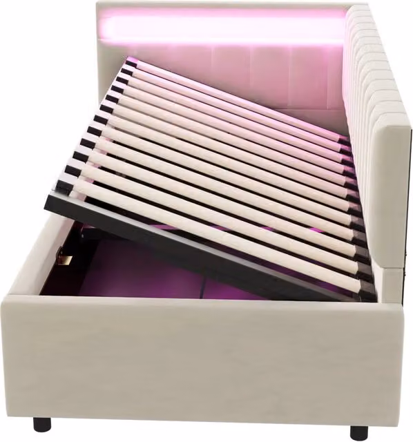 Divano Letto Imbottito 90x200 con LED e Contenitore Idraulico in Velluto Beige