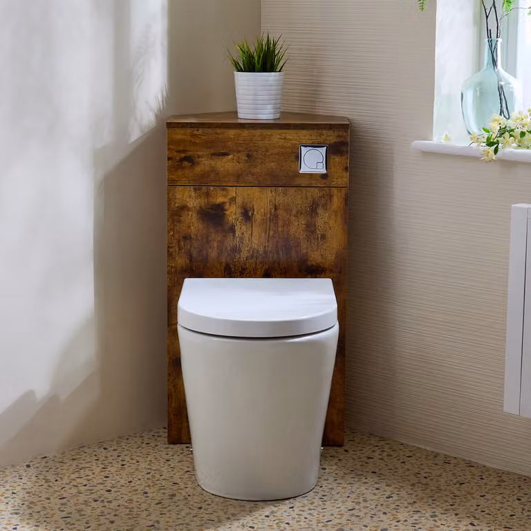 Unità WC Angolare per WC in Rovere Scuro con Sanitario Alswear - con Pulsante di Scarico Cromato - Cluo