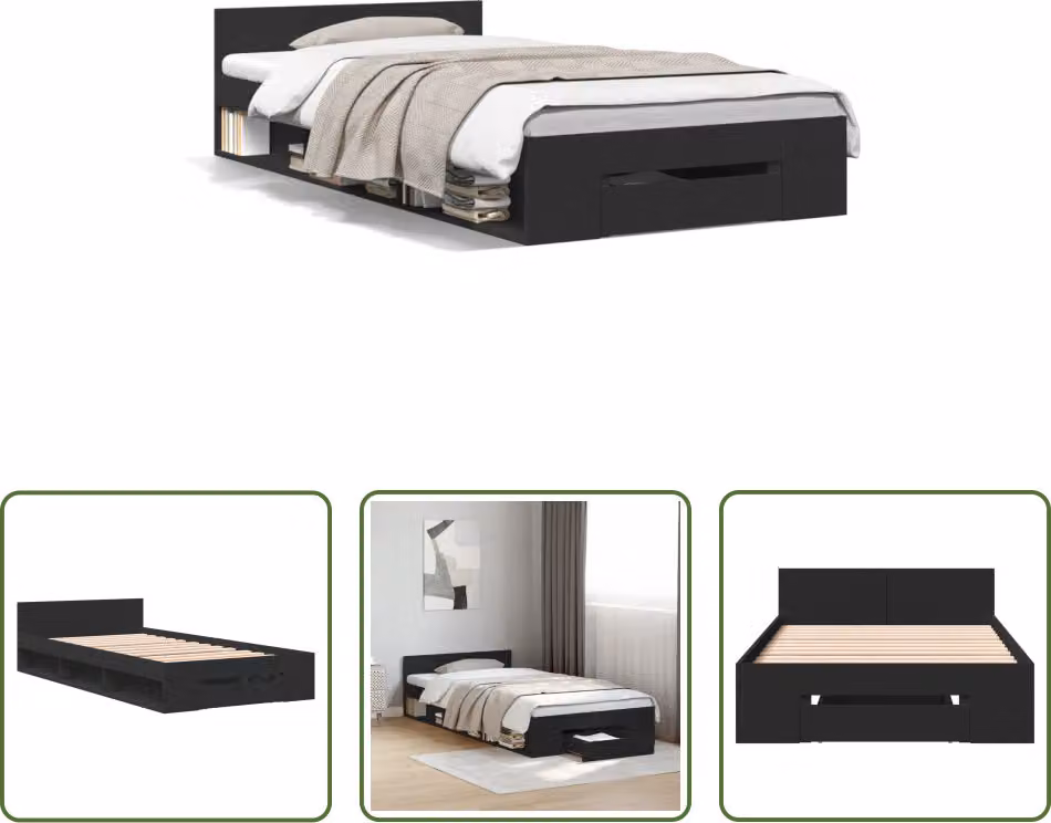 The Living Store Struttura letto con cassetto nero 90x190 cm in materiale ligneo