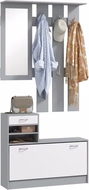 Mobile Appendiabiti 3 in 1 Zephmum con Scarpiera e Specchio in Legno, Bianco e Grigio, L: 90 cm, P: 10 cm, H: 91 cm