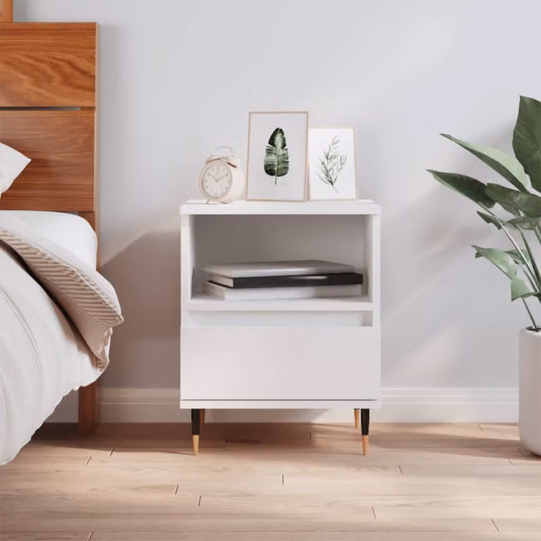Comodino moderno da parete vidaXL in legno e metallo, Bianco opaco, L 40 cm x P 35 cm x H 50 cm