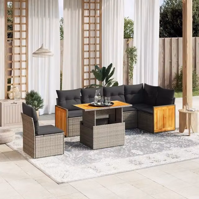 Set Divani da Giardino 7 pz con Cuscini Grigio in Polyrattan 3273986