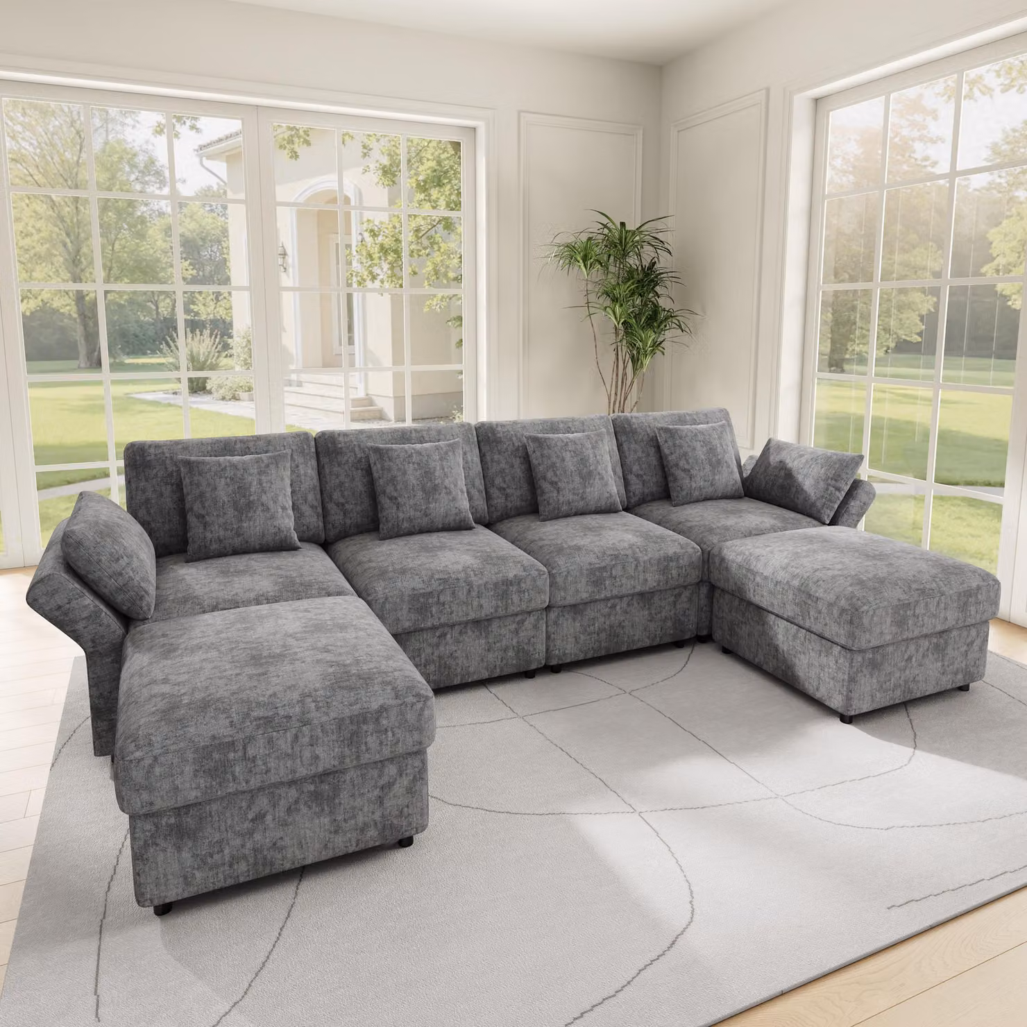 Divano angolare Merax a 4 posti, a forma di U/L, modulare in ciniglia con 2 pouf, braccioli regolabili, 4 cuscini decorativi e 2 poggiatesta, divano, grigio