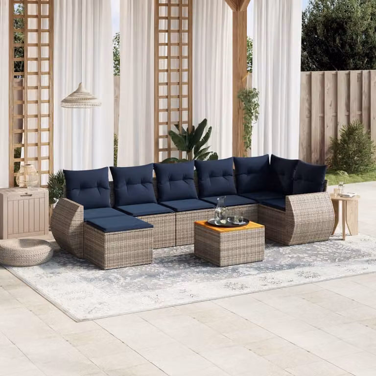 Set da giardino vidaXL in polyrattan grigio con 8 pezzi, composto da divani a forma di U, cuscini imbottiti e tavolino da esterno