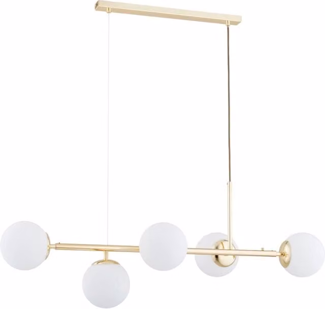 Lampadario moderno Alfa DANSA con 5 sfere bianche in vetro e struttura oro/ottone, attacco E14