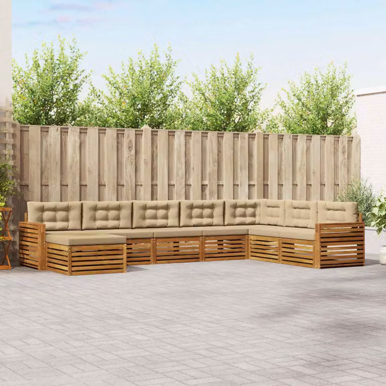 Set di divani da esterno vidaXL a forma di L composto da 8 pezzi in legno di acacia con cuscini in tessuto beige e sabbia