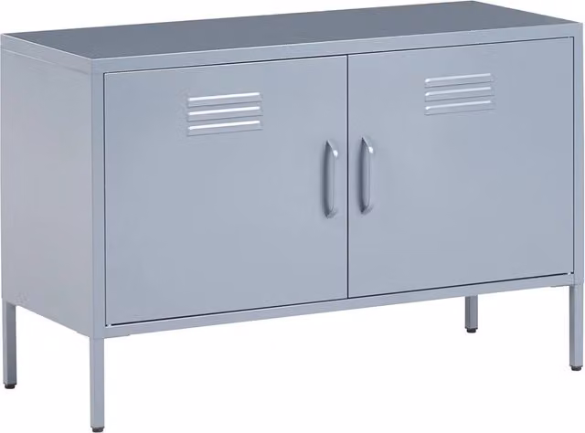 Credenza Beliani in metallo grigio opaco con 2 ante e ripiani interni, design industriale per home office, L: 100 cm, H: 65 cm, P: 40 cm