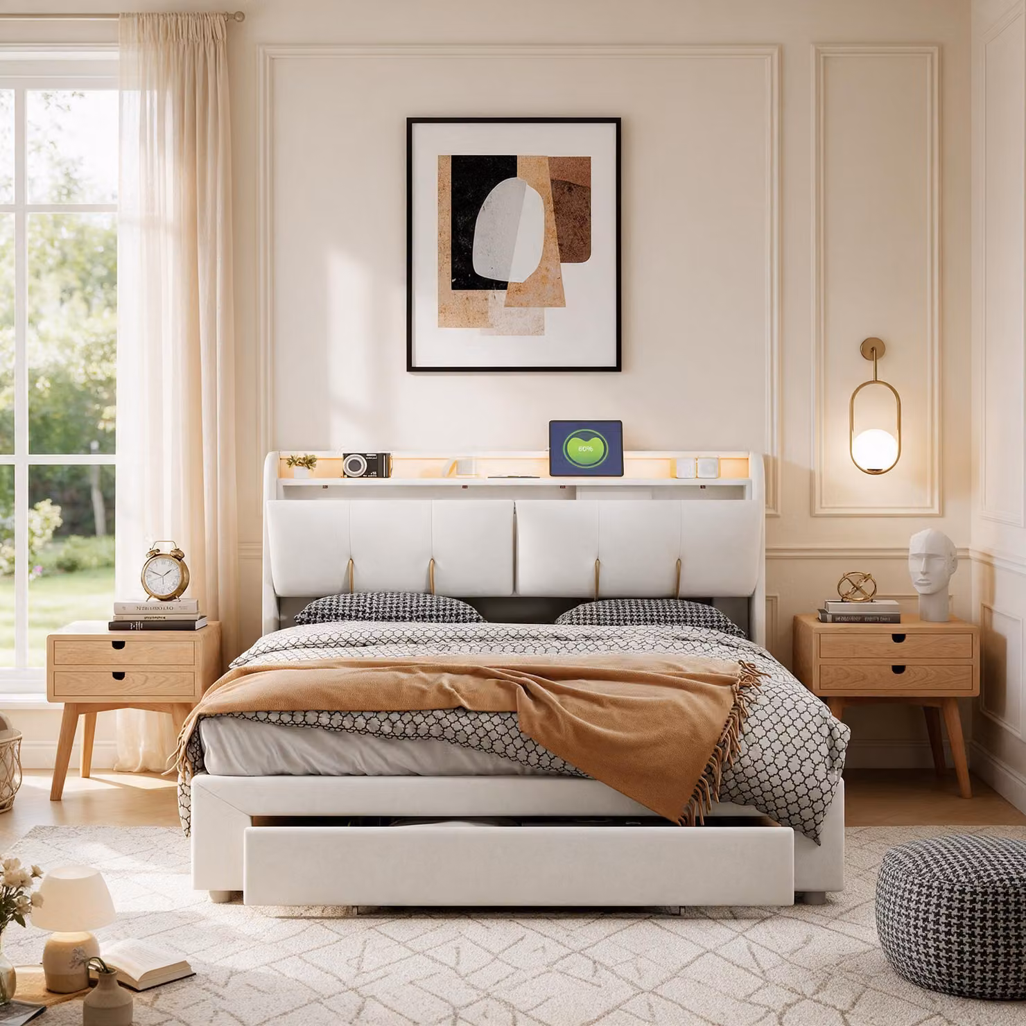 Letto matrimoniale idraulico INONEFT, 160x200 cm, con 1 cassetto, dotato di luci LED e prese USB, letto imbottito con spazio contenitivo nella testiera, rivestito in velluto color beige