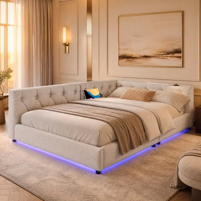 Divano letto da giorno 90 x 200 cm; rete a doghe; LED 7 colori; USB e Type-C; lino e MDF; beige