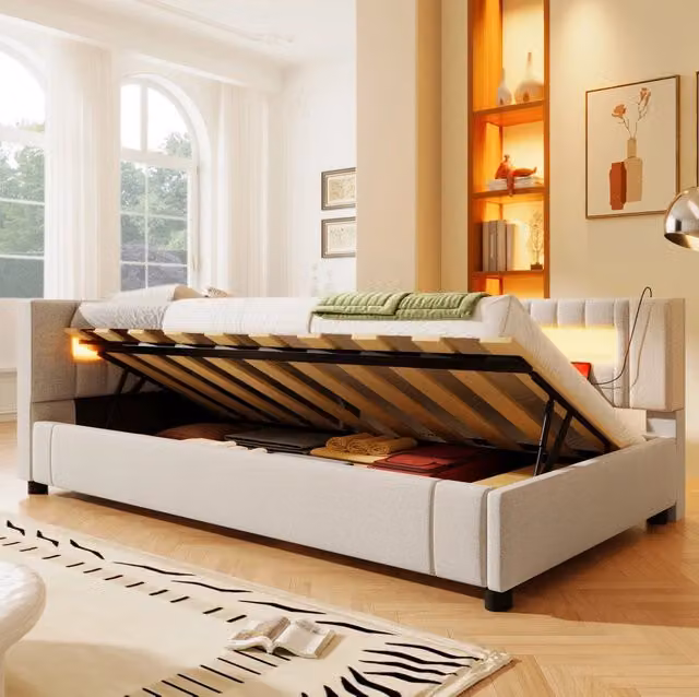 Letto da giorno 90x200 cm con LED; contenitore idraulico; USB e Type-C in lino beige