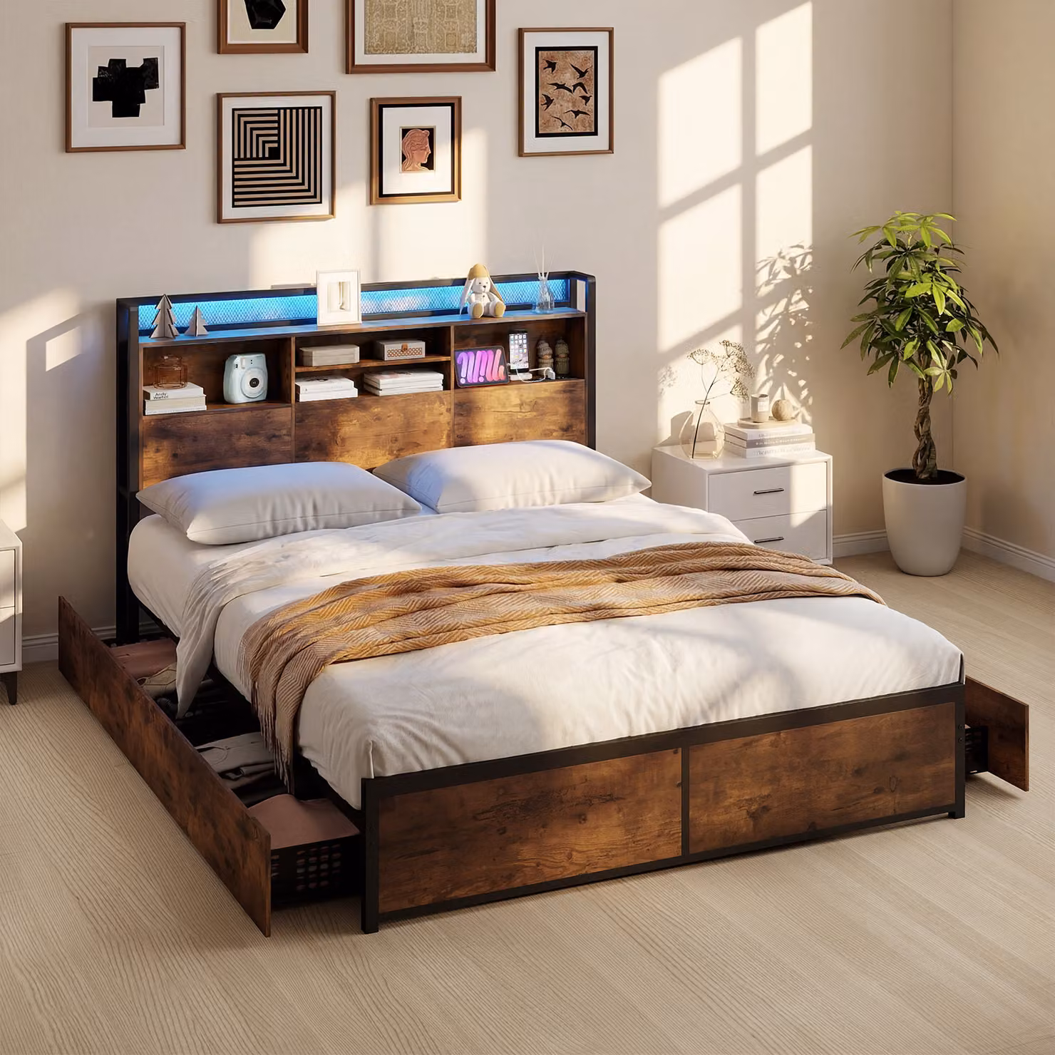 Costway Letto Contenitore Moderno con LED, Stazione di Ricarica USB e 4 Cassetti, Struttura in Metallo e Legno, Colore Marrone, L 163,5 x P 220 x H 113 cm